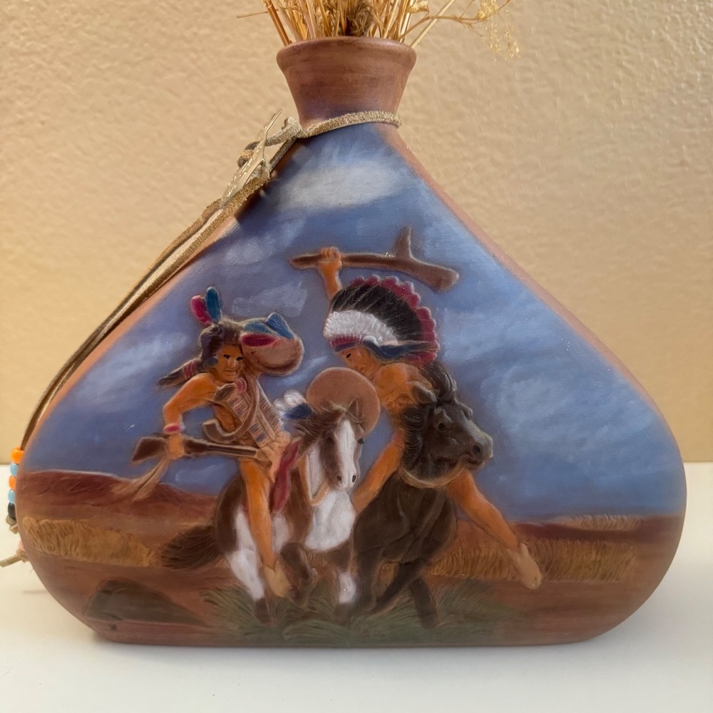 Vintage 1990 DHM Native American Warrior Relief Ceramic Vase 3D Horse Scene 9in